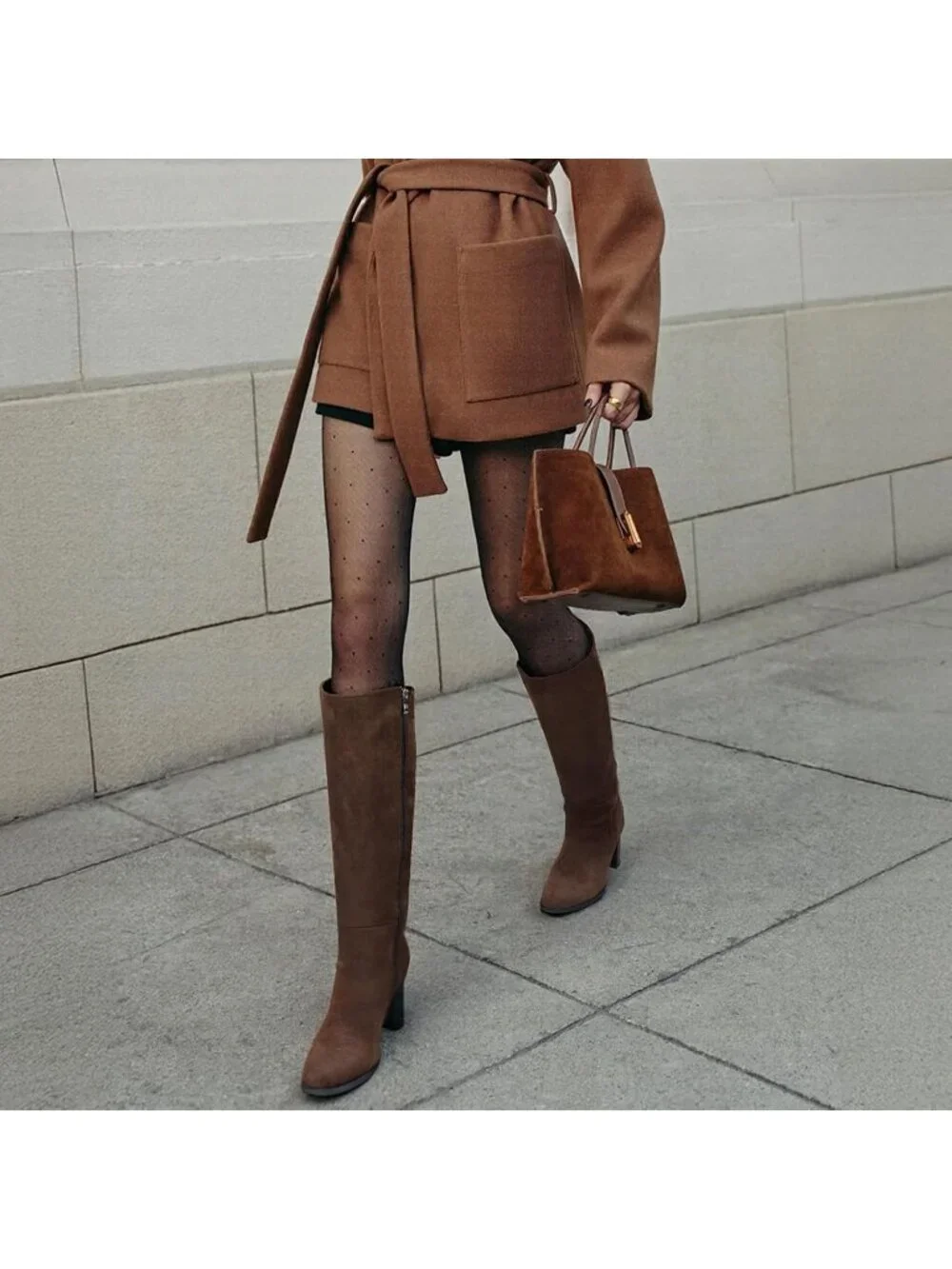 Women Suede Brown Knee High Side Zip Fashionable Round Toe Gogo Chunky Heel Boot